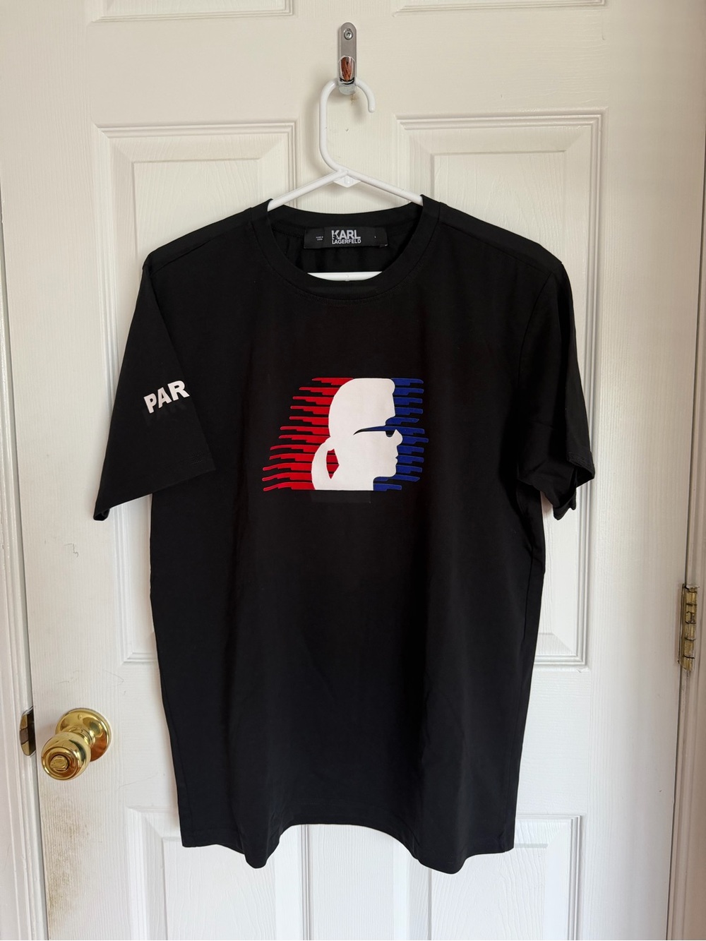 Karl Lagerfeld Black Short-Sleeve Tee with Red-White-Blue Graphic